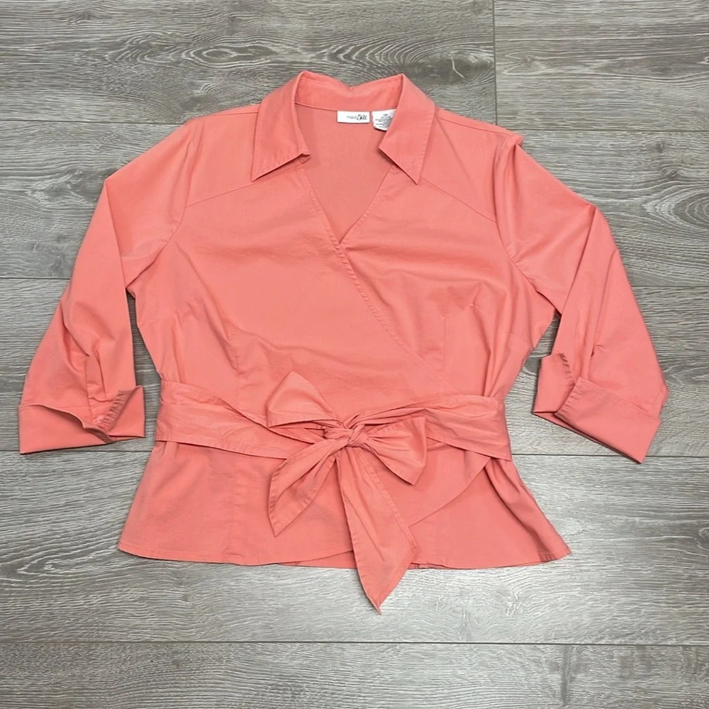 East 5th Collared V-neck 3/4 Sleeve Wrap Blouse Coral 14P